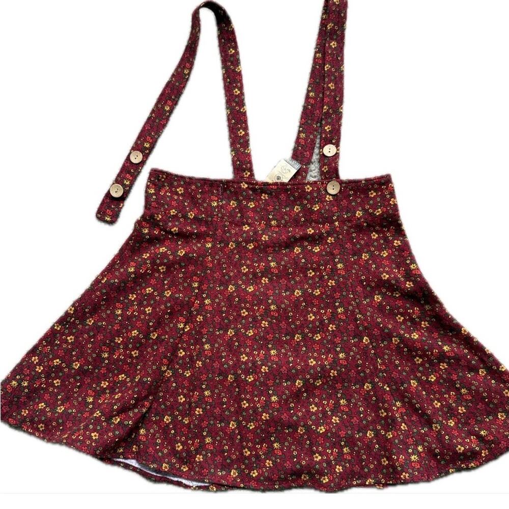 Floral Organic Cotton Pinafore Burgundy Dress, Adjustable Suspender Mini Dress L - Picture 10 of 12